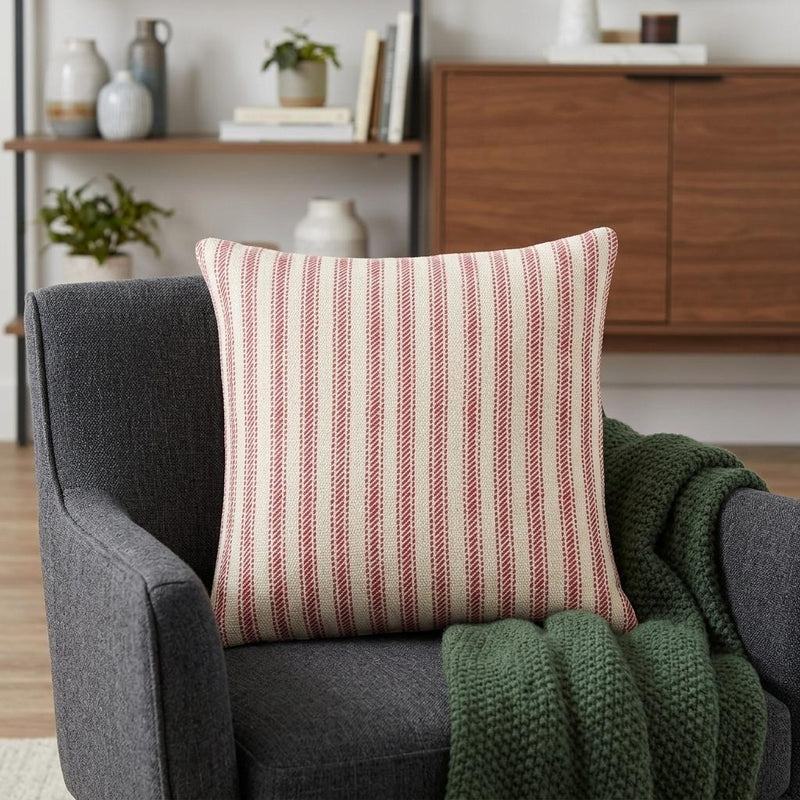 20" Red and Natural Ticking Stripe Cotton Throw Pillow - Home Decor