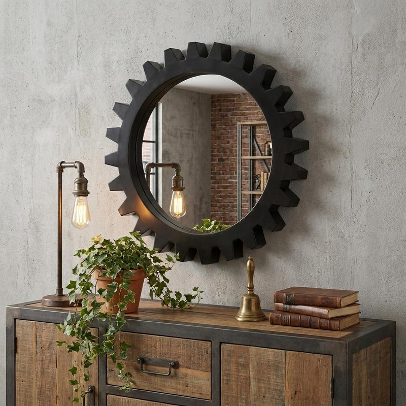 26" Black Cog Round Metal Frame Wall Mirror - Bed & Bath