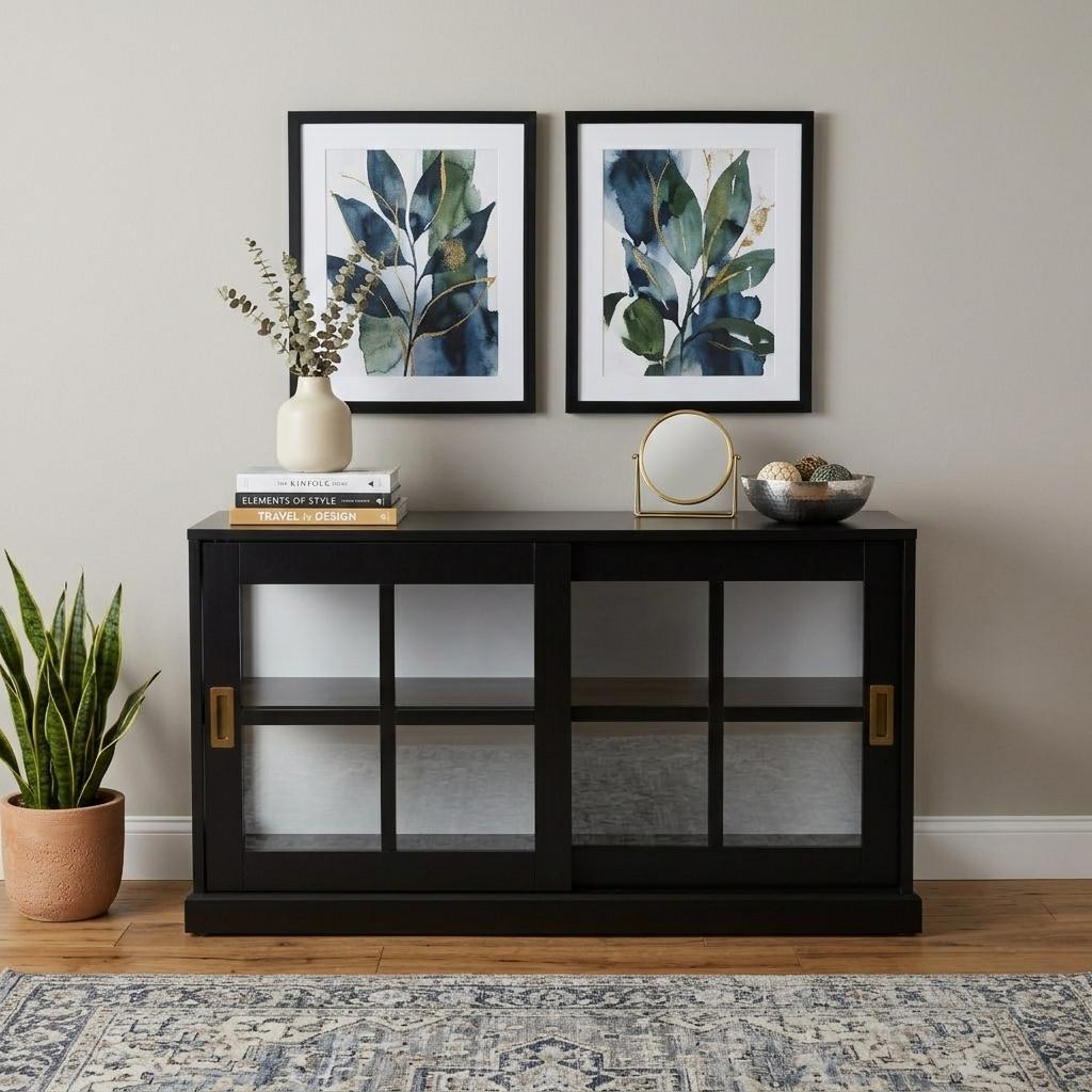 48" Black Sideboard with Two Glass Sliding Doors - Kitchen & Dining