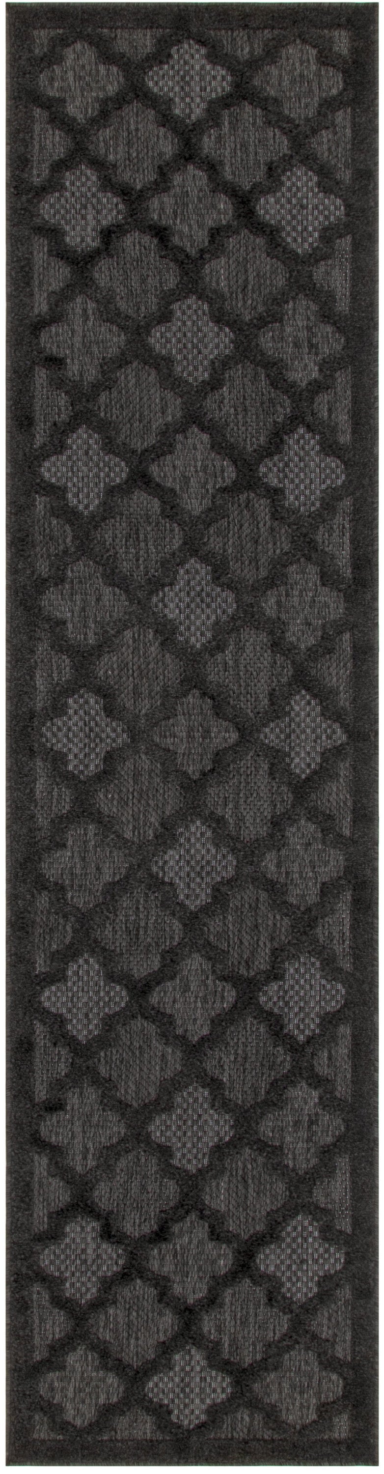 Charcoal and black trellis runner rug end with repeating diamond motif and narrow border