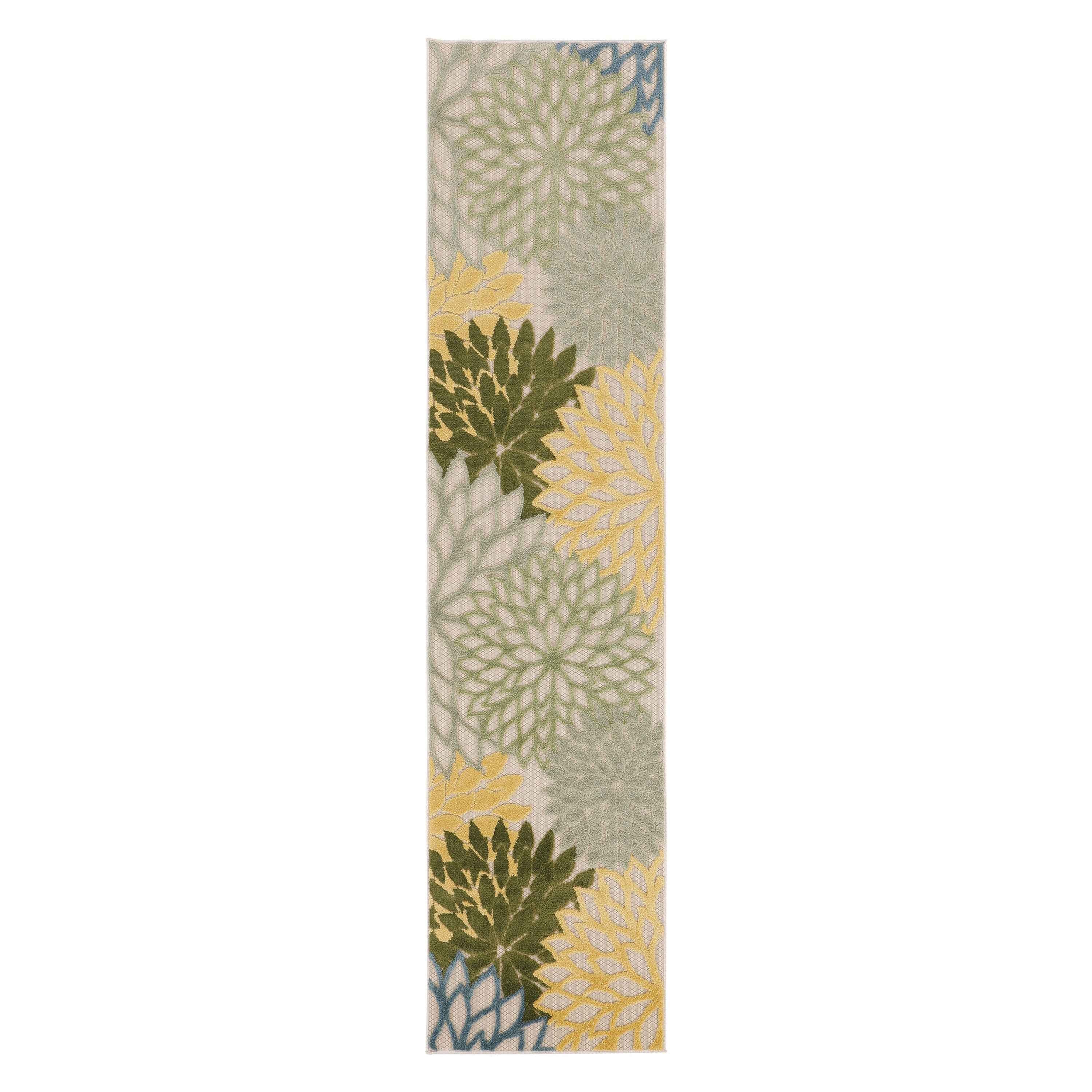 6' Dark Green Yellow And Blue Floral Indoor Outdoor Runner Rug