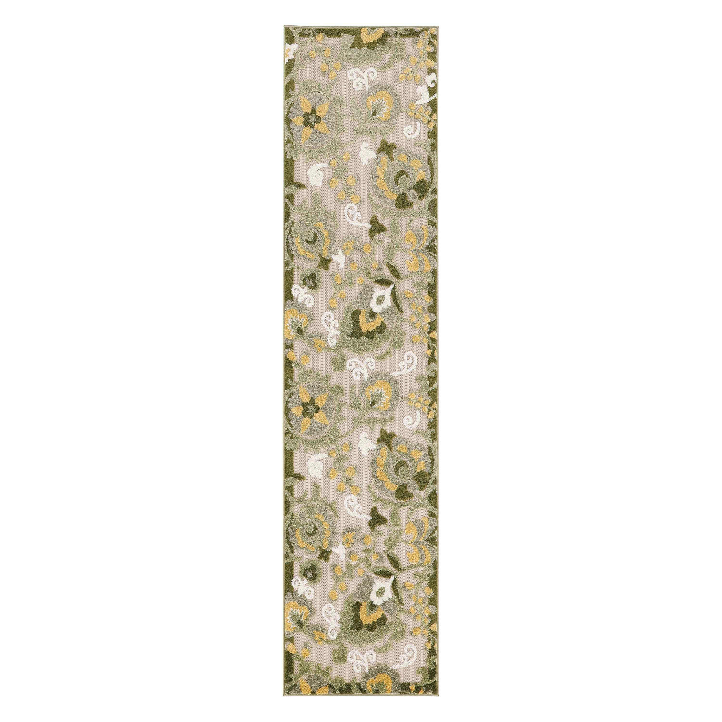 6' Ivory And Green Floral Indoor Outdoor Runner Rug