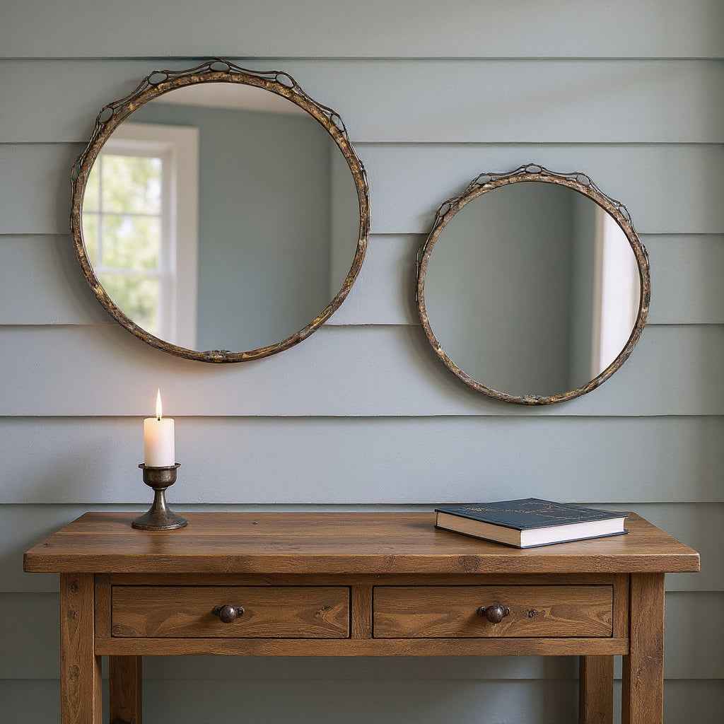 Set of Two Gold Round Ornate Framed Accent Mirrors