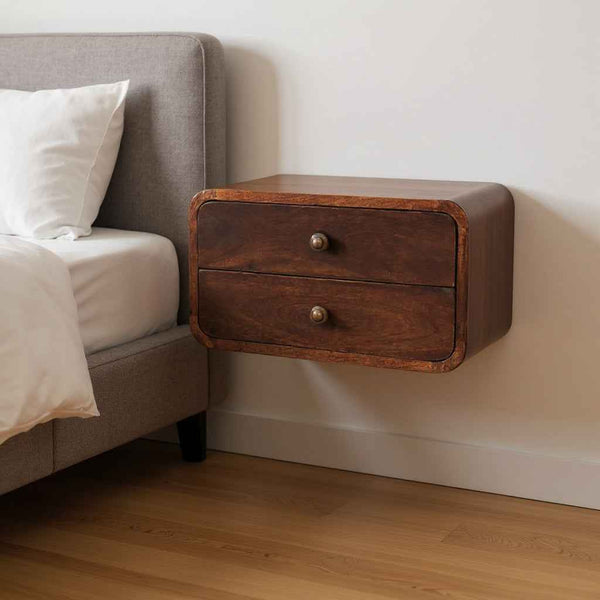 18" Brown Solid Wood Two Drawer Floating Nightstand