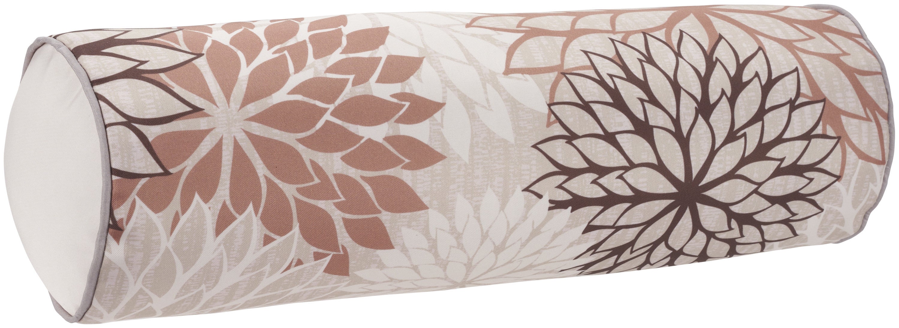 Floral bolster throw pillow, rounded end cap; beige fabric with brown and ivory floral print.