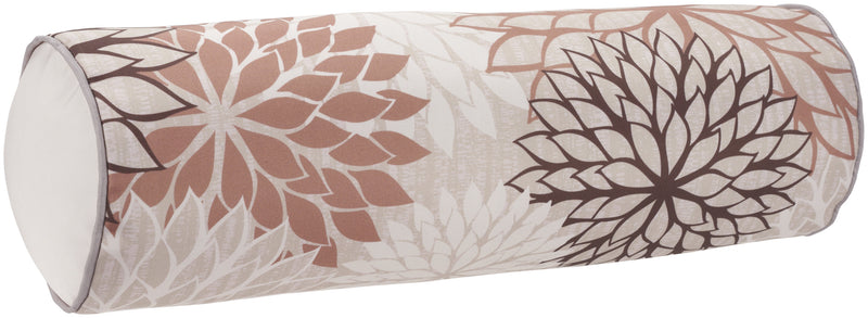 Floral bolster throw pillow, rounded end cap; beige fabric with brown and ivory floral print.