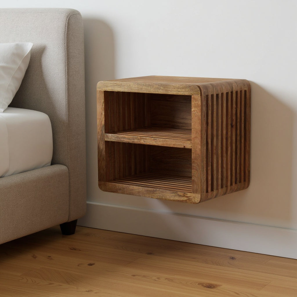 18" Brown Solid Wood Carved Geometric Floating Nightstand