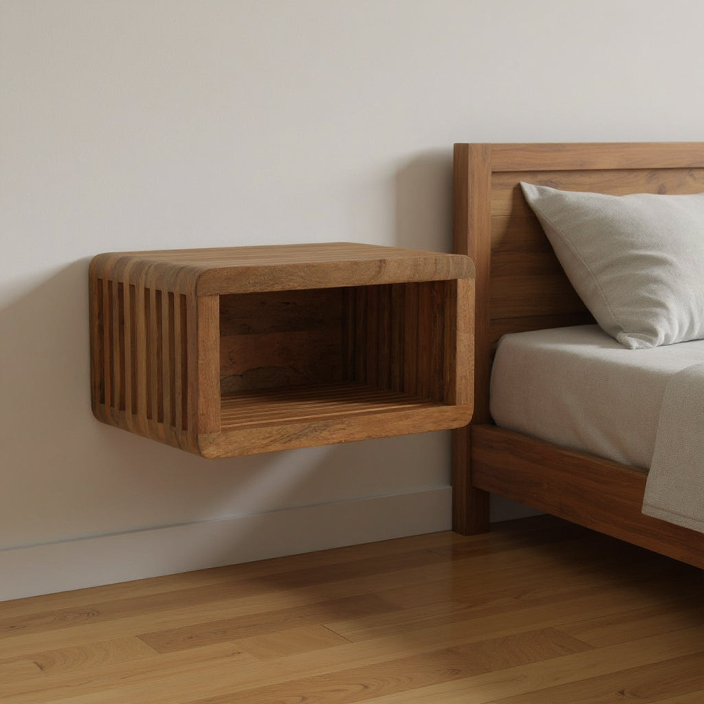 18" Brown Solid Wood Carved Geometric Floating Nightstand