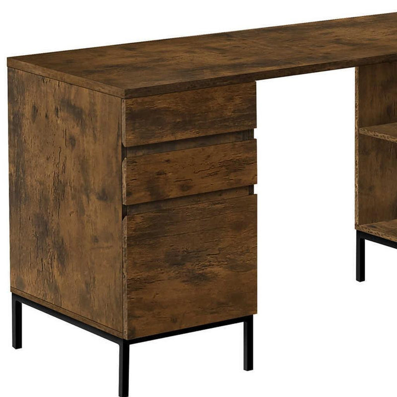 60" Brown and Black L Shape Computer Desk With Three Drawers - Office