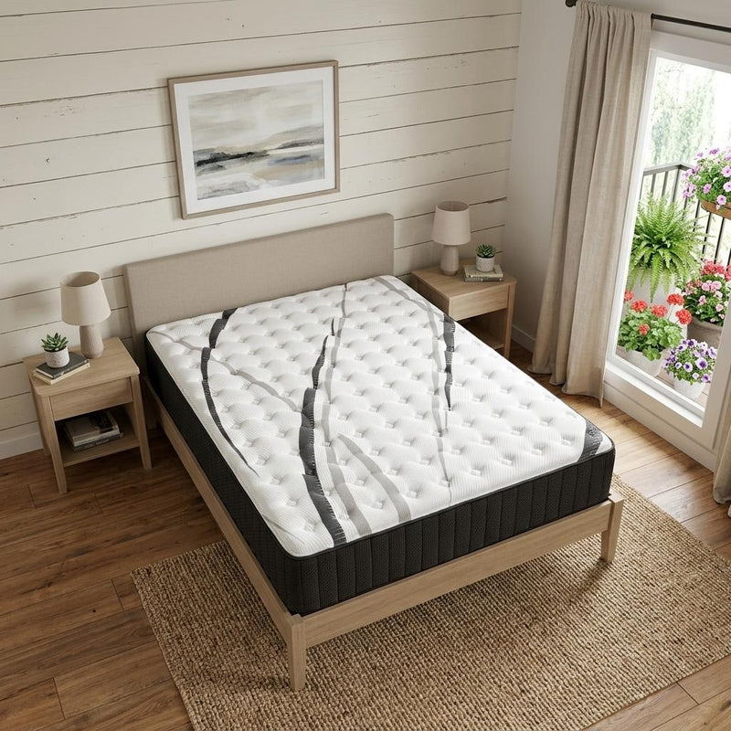 California king firm hybrid mattress on bed frame, white tufted top with dark sides