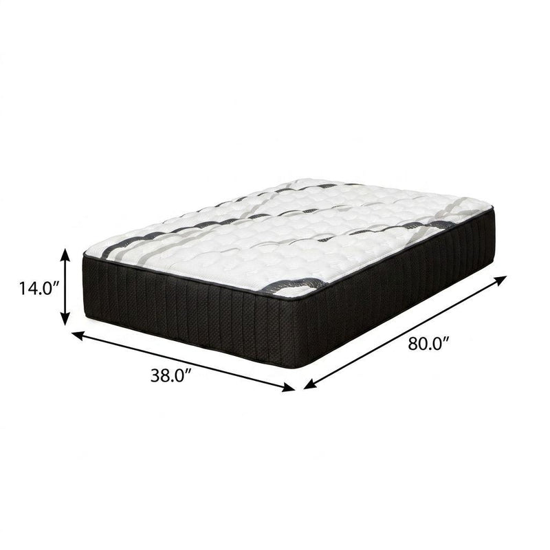 Twin XL 14-inch mattress, white quilted top and black cover, 38 in x 80 in