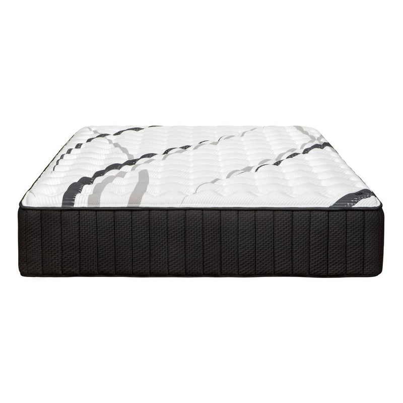 Firm gel memory foam hybrid mattress with white quilted surface and black base