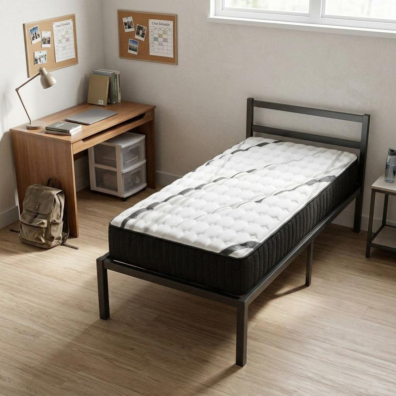Twin XL firm gel memory foam hybrid mattress with black cover and white quilted top