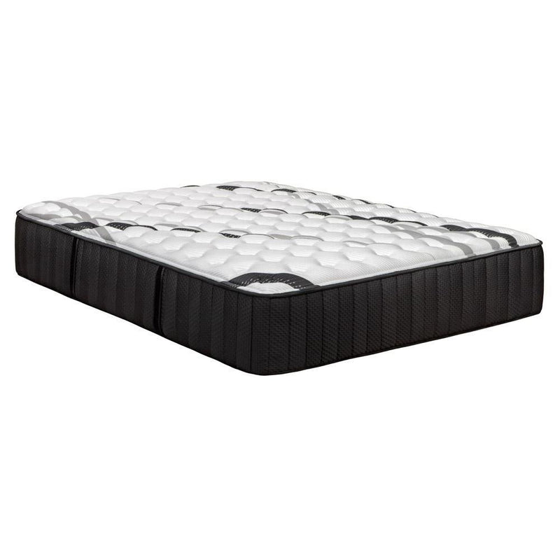 Firm gel memory foam hybrid mattress with white quilted top and black side panels
