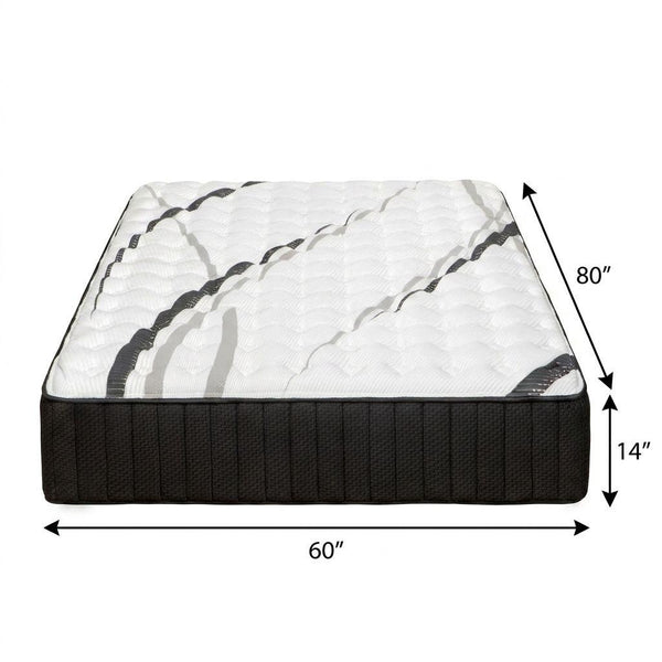 Queen firm hybrid mattress, 14-inch profile; white-and-gray quilted top with dark graphite sides