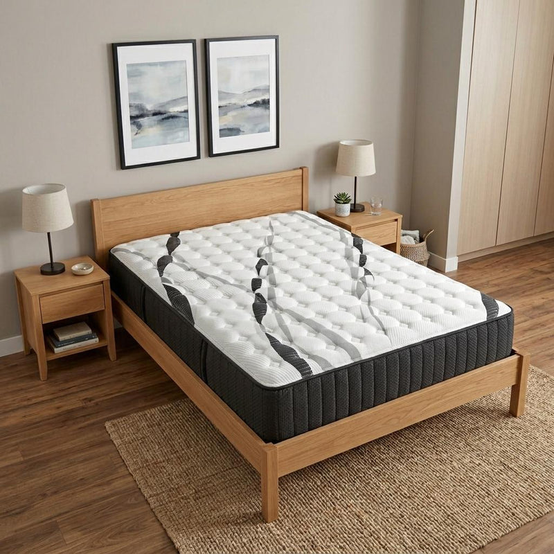 Queen firm hybrid mattress with white-and-gray quilted top and dark charcoal side panels