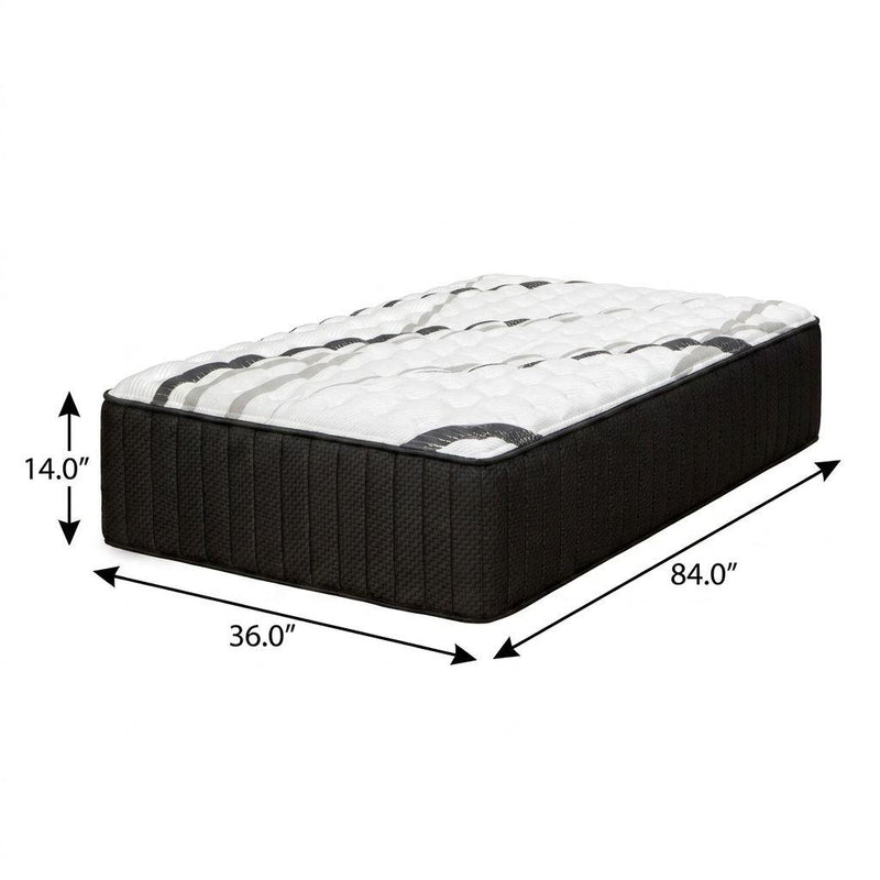 Hybrid mattress dimensions 84in long, 36in wide, 14in thick; dark charcoal sides