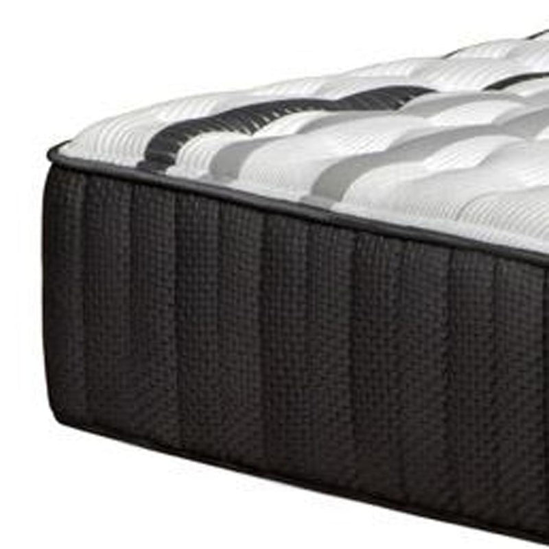 Graphite hybrid mattress side panel with tufted fabric and white top edge