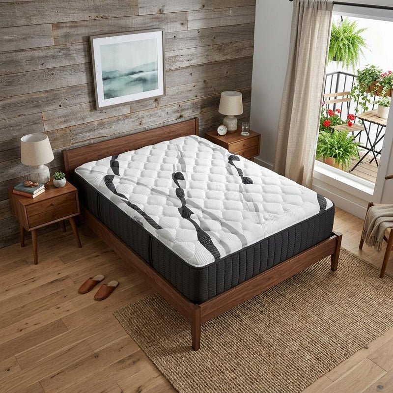 Firm hybrid mattress on wooden bed frame with white quilted comfort layer