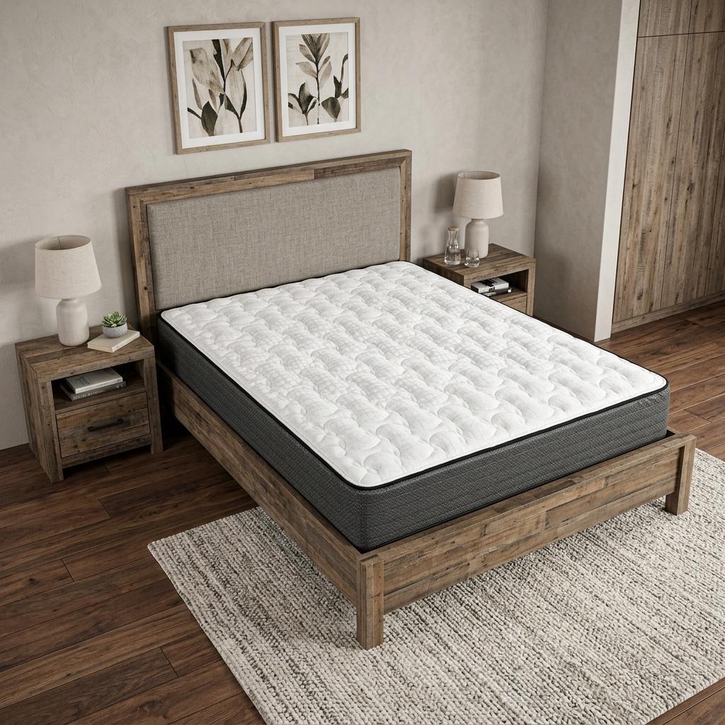 White plush mattress on a rustic wood bed frame with gray accents, styled in a cozy bedroom setting.
