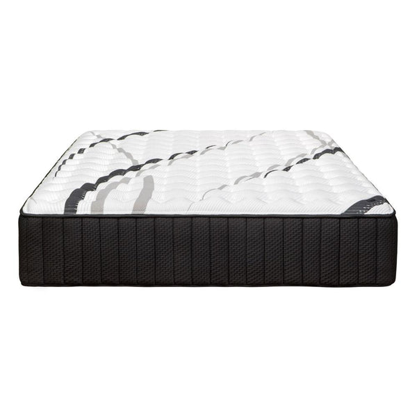 Firm hybrid mattress with white quilted top and dark charcoal sides, rounded edge