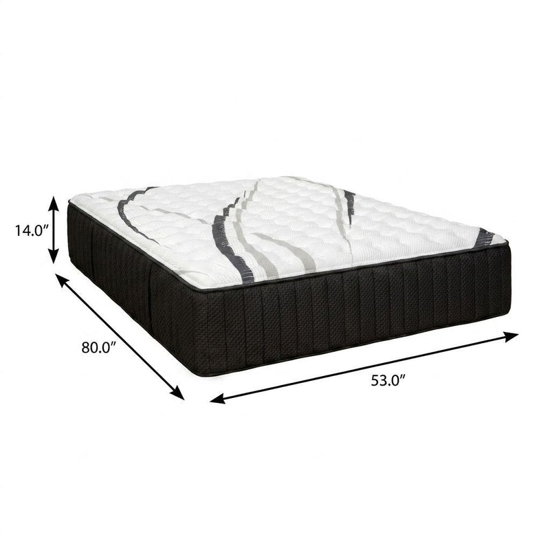 14" mattress height; 80" x 53" size; white quilted top, dark charcoal sides