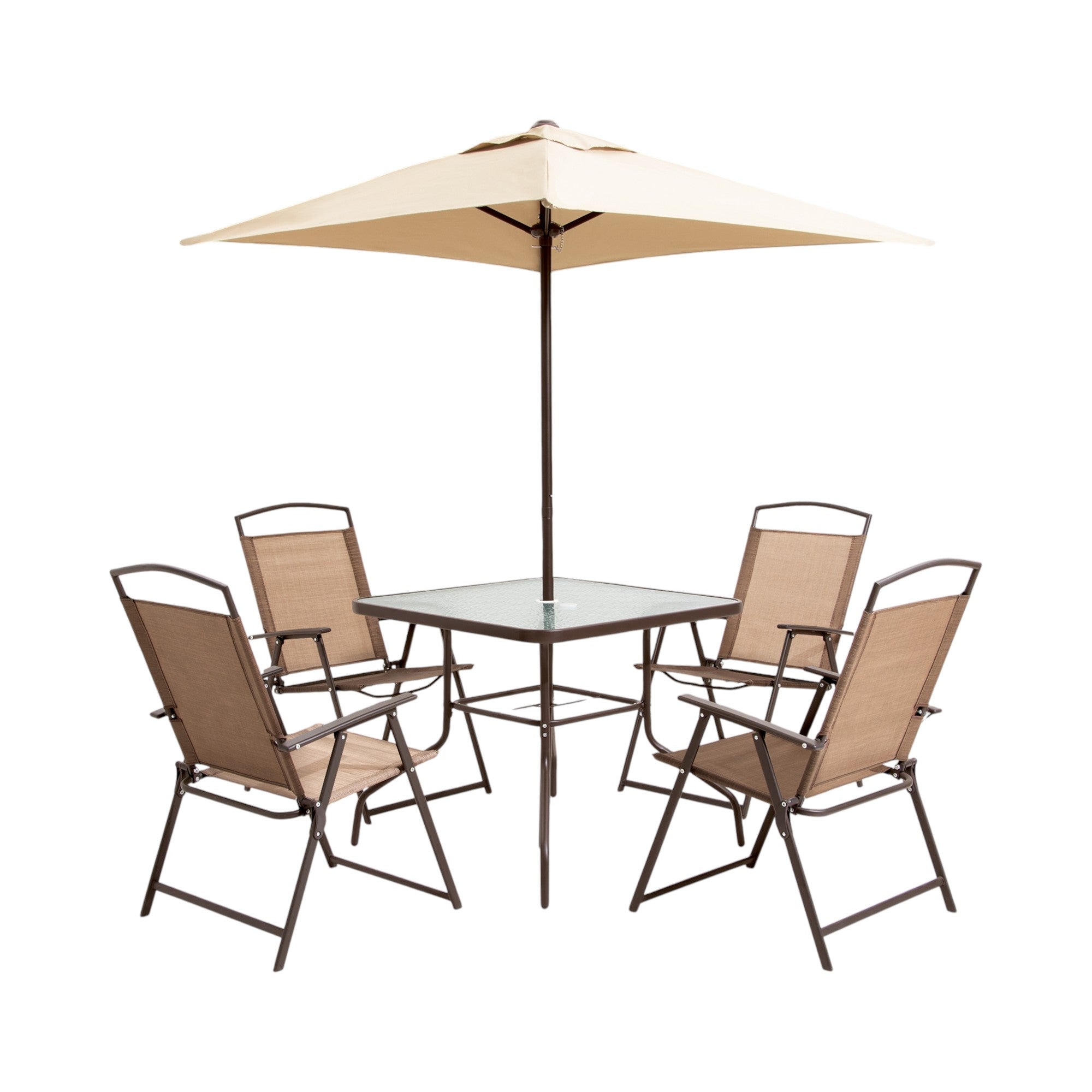 Six Piece Clear and Brown Square Glass Dining Set with Four Chairs - Outdoor