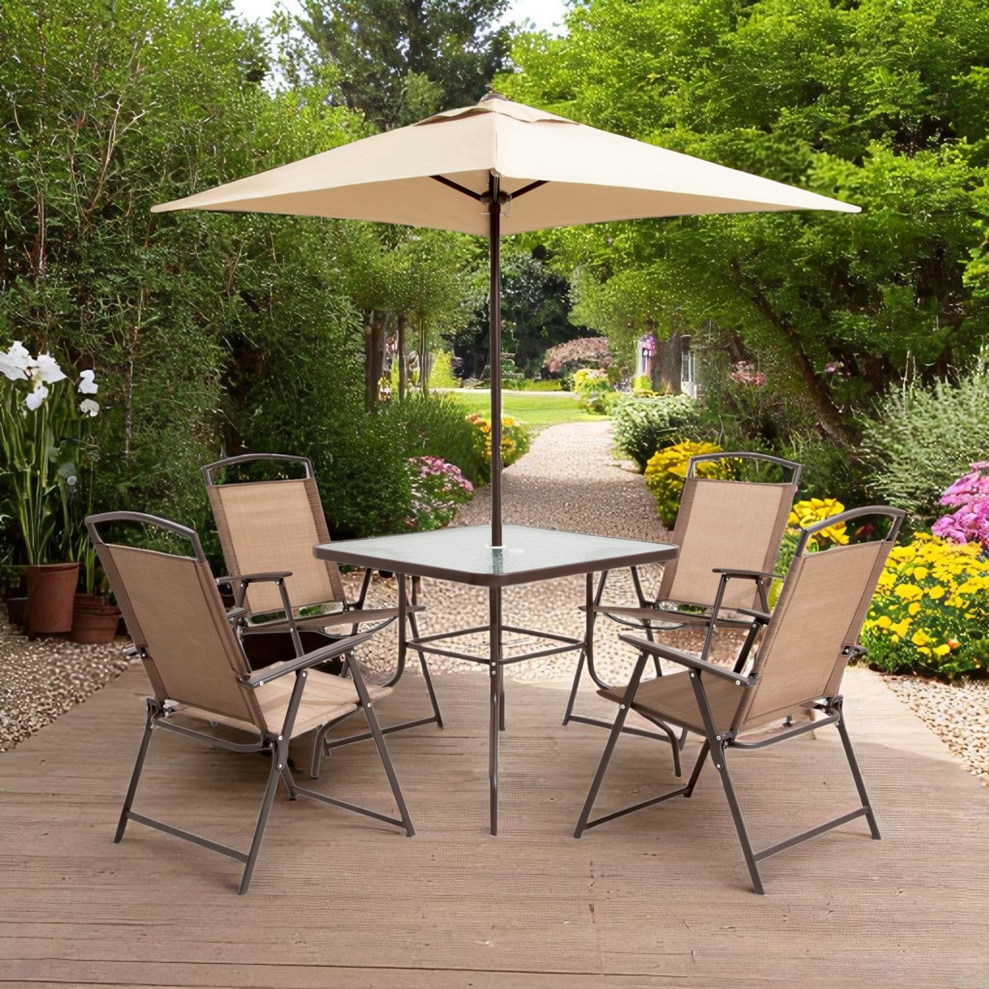 Six Piece Clear and Brown Square Glass Dining Set with Four Chairs - Outdoor
