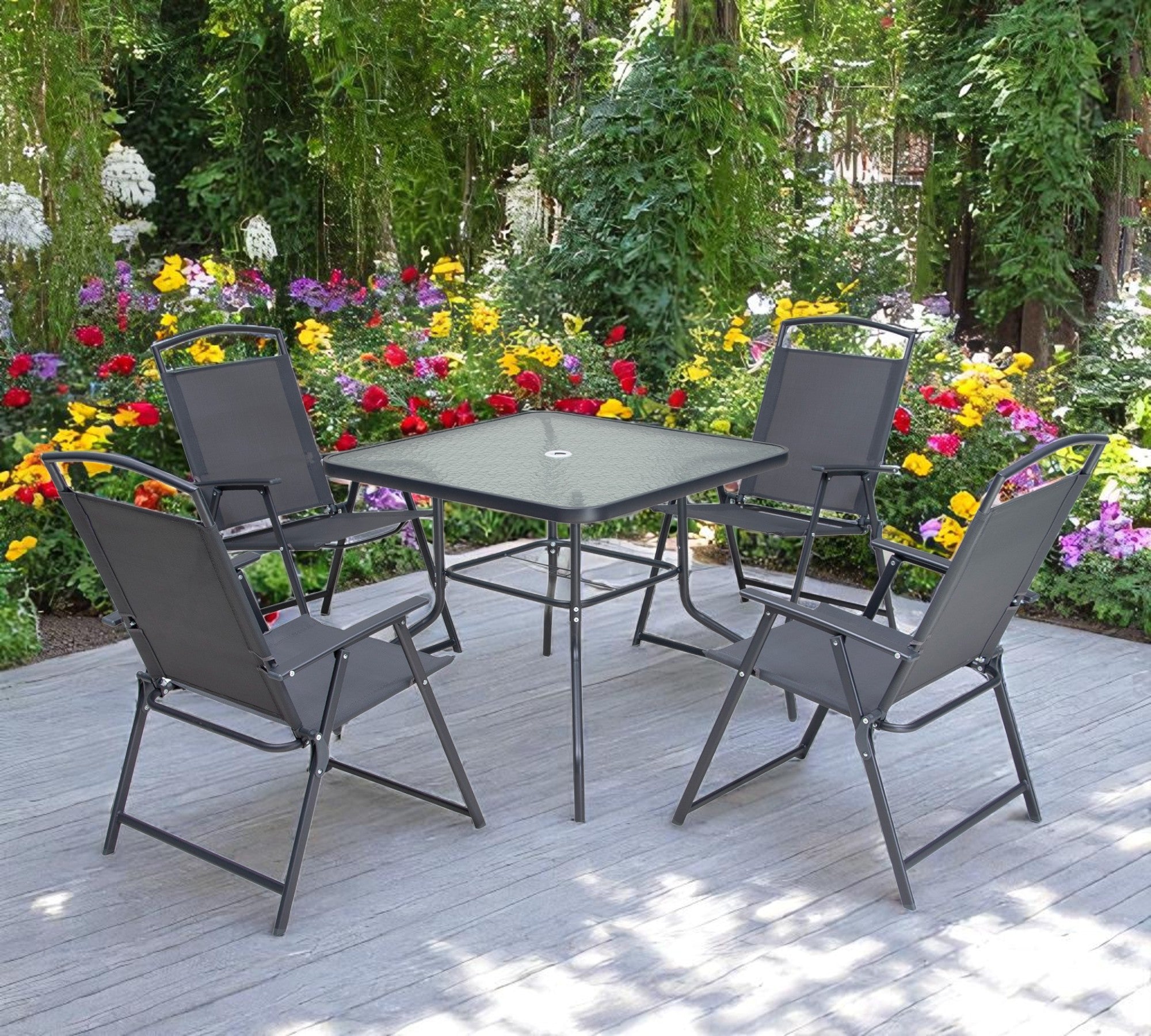 Five Piece Clear and Black Square Glass Dining Set with Four Chairs - Outdoor