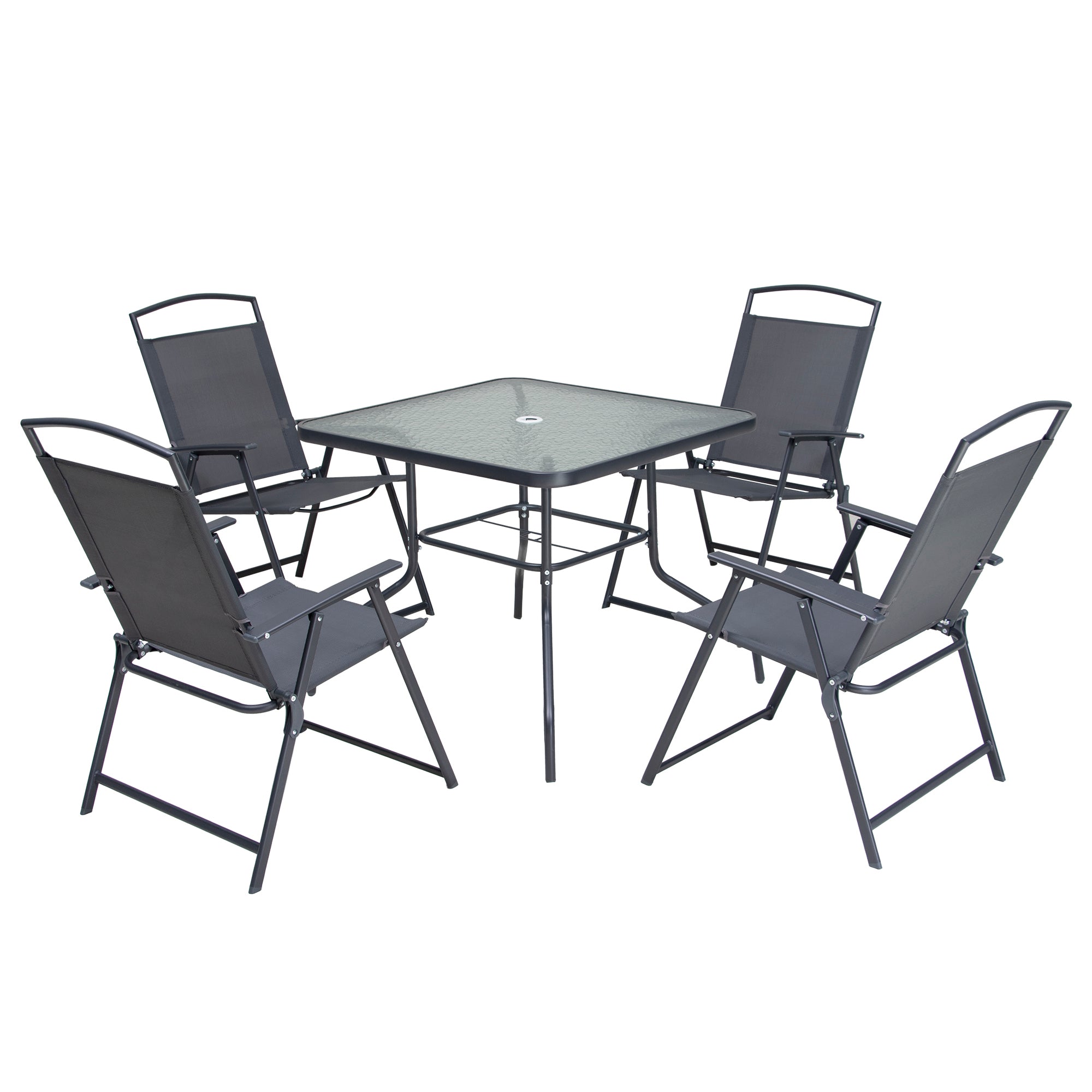 Five Piece Clear and Black Square Glass Dining Set with Four Chairs - Outdoor
