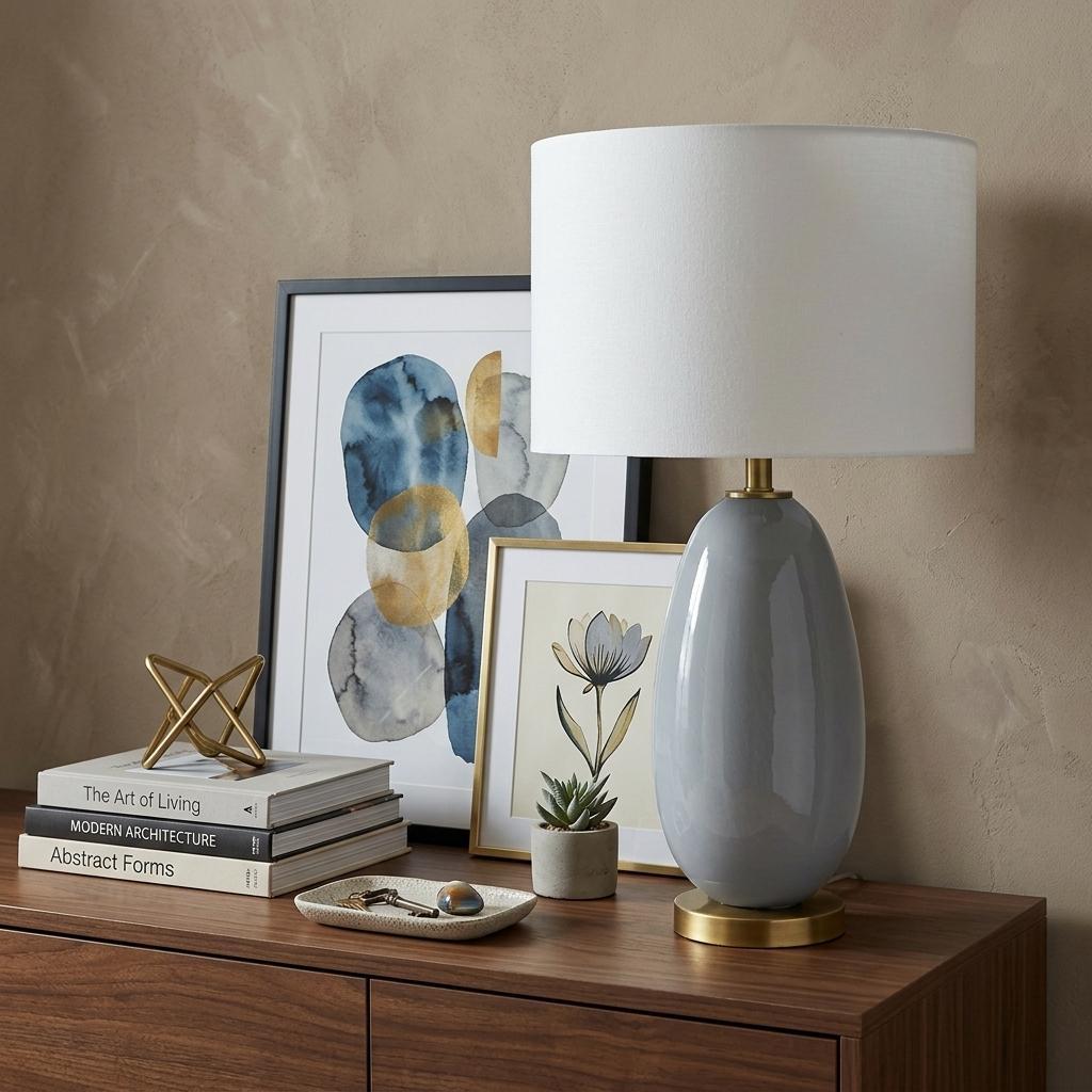 29" Light Gray Glass Table Lamp With White Drum Shade - Lighting