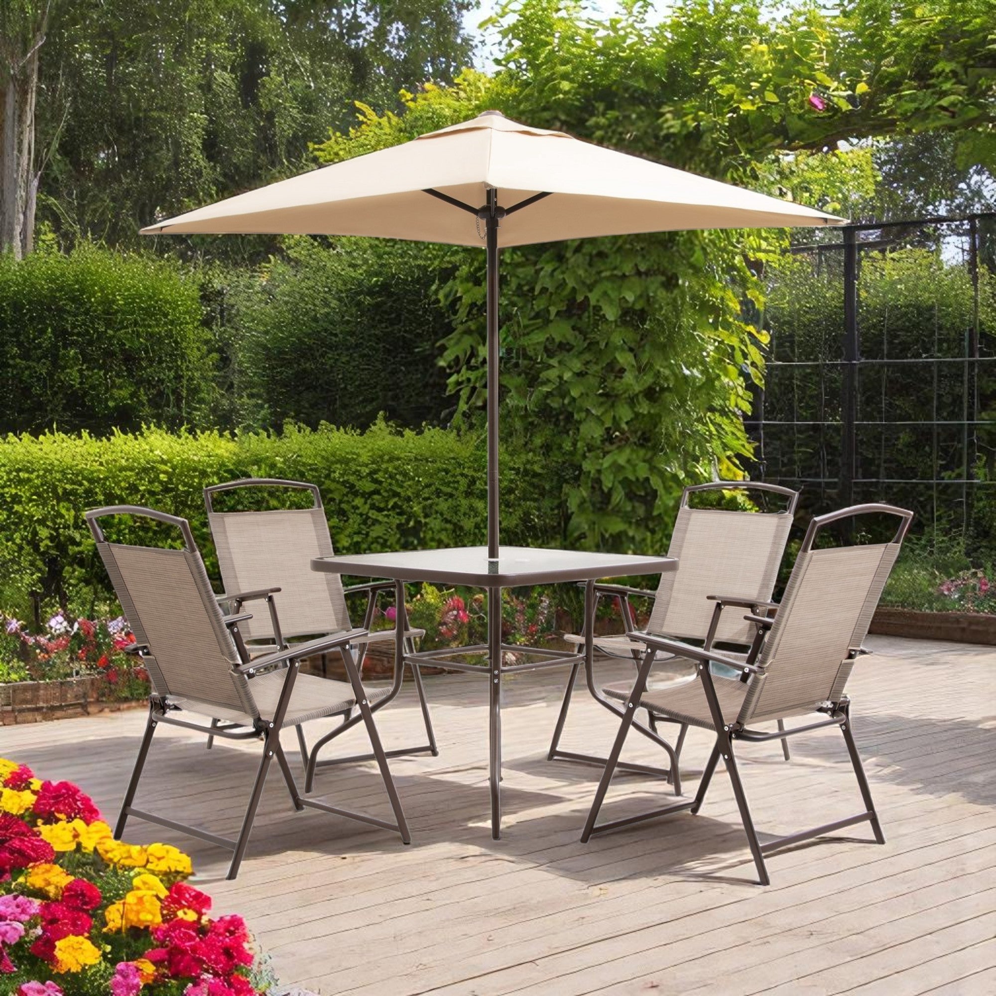 Six Piece Clear and Gray Square Glass Dining Set with Four Chairs - Outdoor