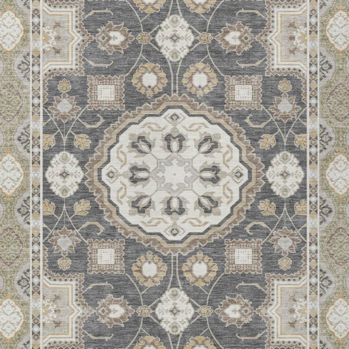Graphite and gray floral medallion area rug with ornate geometric border pattern
