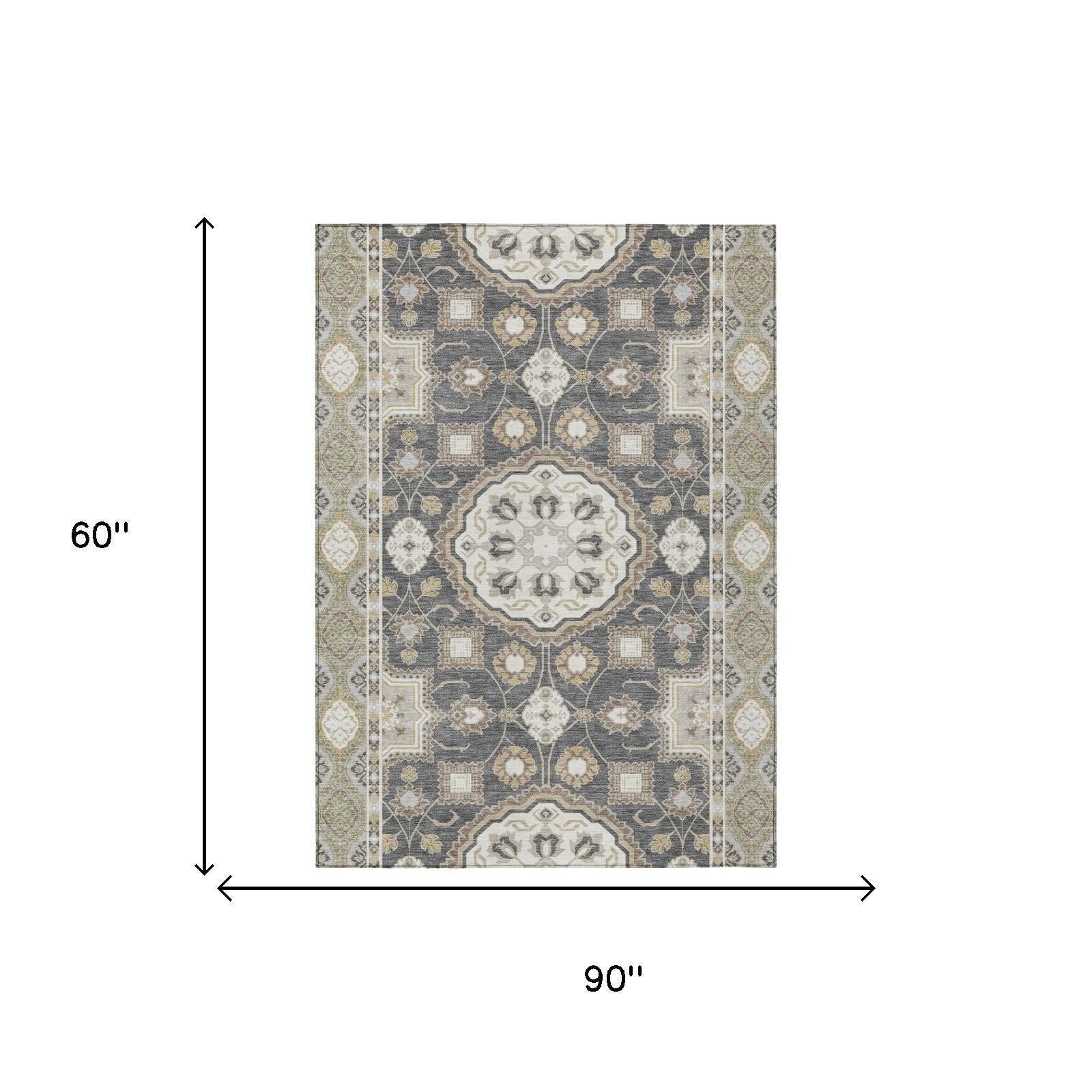 Graphite and gray floral medallion area rug, 90 x 60 in dimensions shown