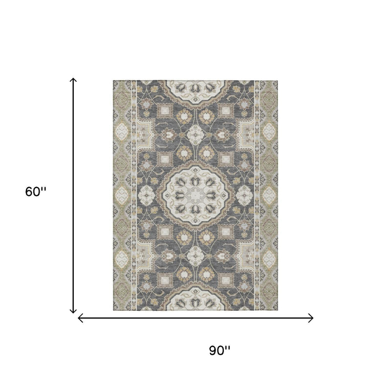 Graphite and gray floral medallion area rug, 90 x 60 in dimensions shown