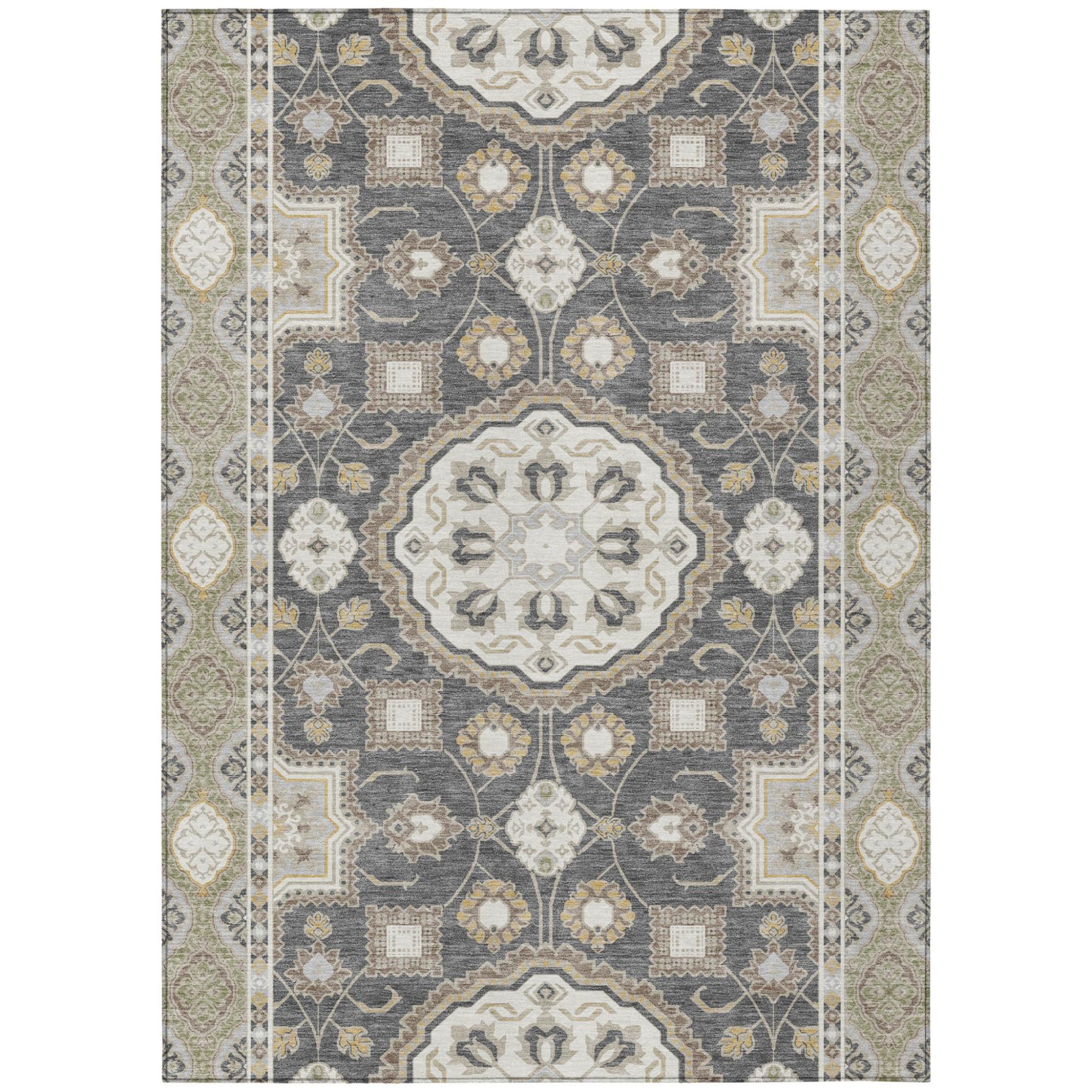 Full view graphite and gray floral medallion area rug with ornate geometric pattern