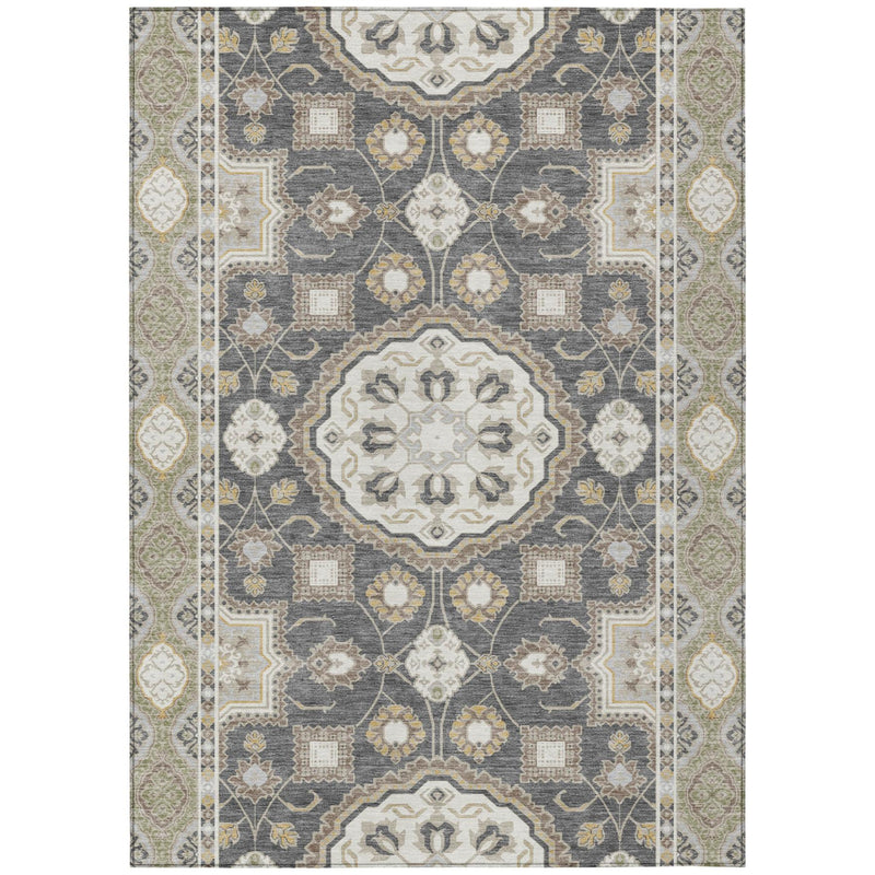Full view graphite and gray floral medallion area rug with ornate geometric pattern