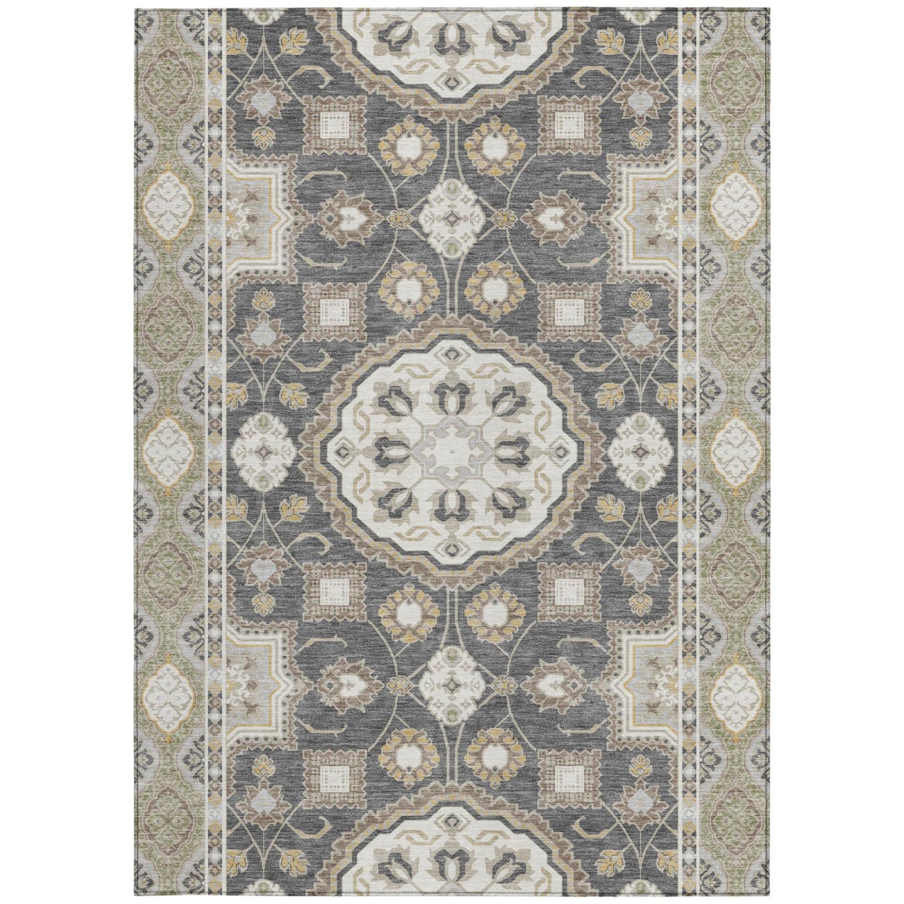 Graphite and gray floral medallion area rug with symmetric geometric medallion design