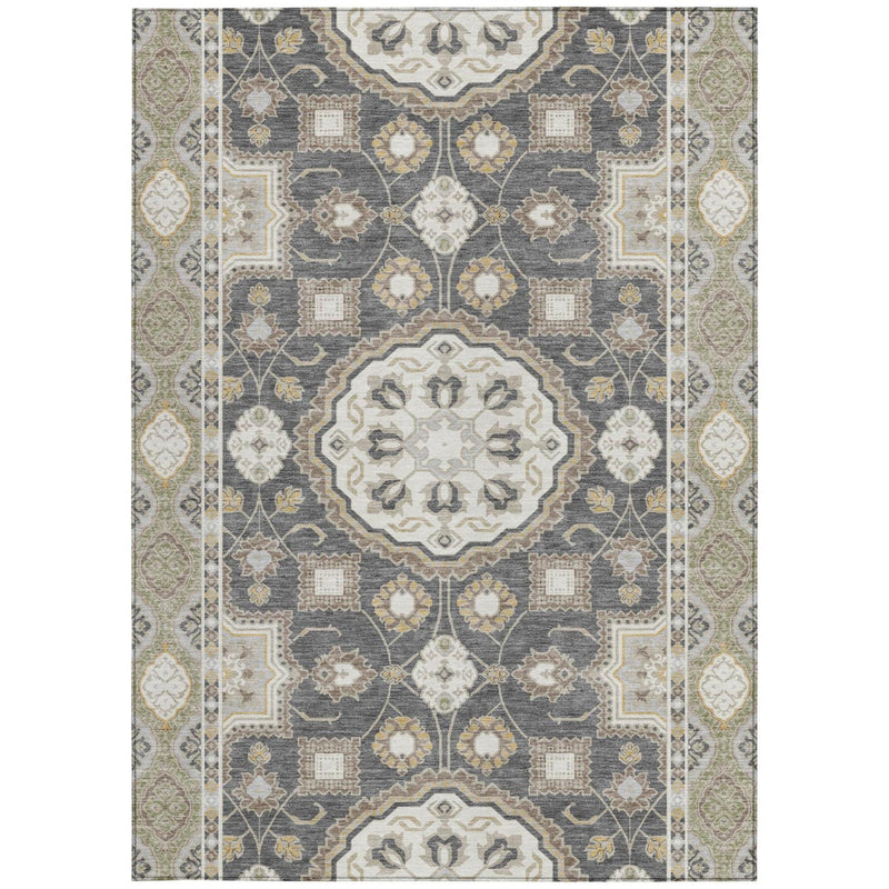 Graphite and gray floral medallion area rug with symmetric geometric medallion design