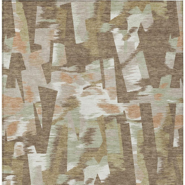 Rectangular abstract area rug, brown base with white and beige overlapping block shapes
