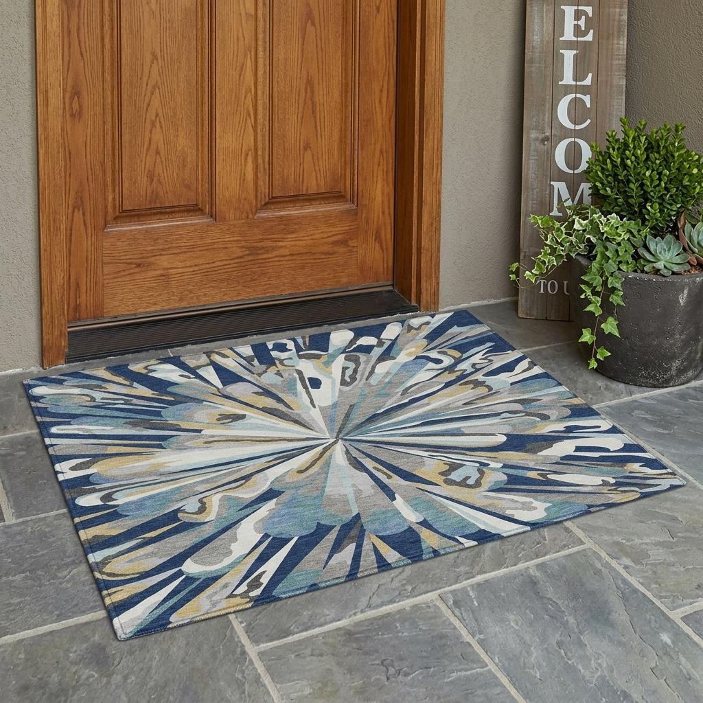Blue abstract indoor outdoor area rug with sunburst pattern on the floor