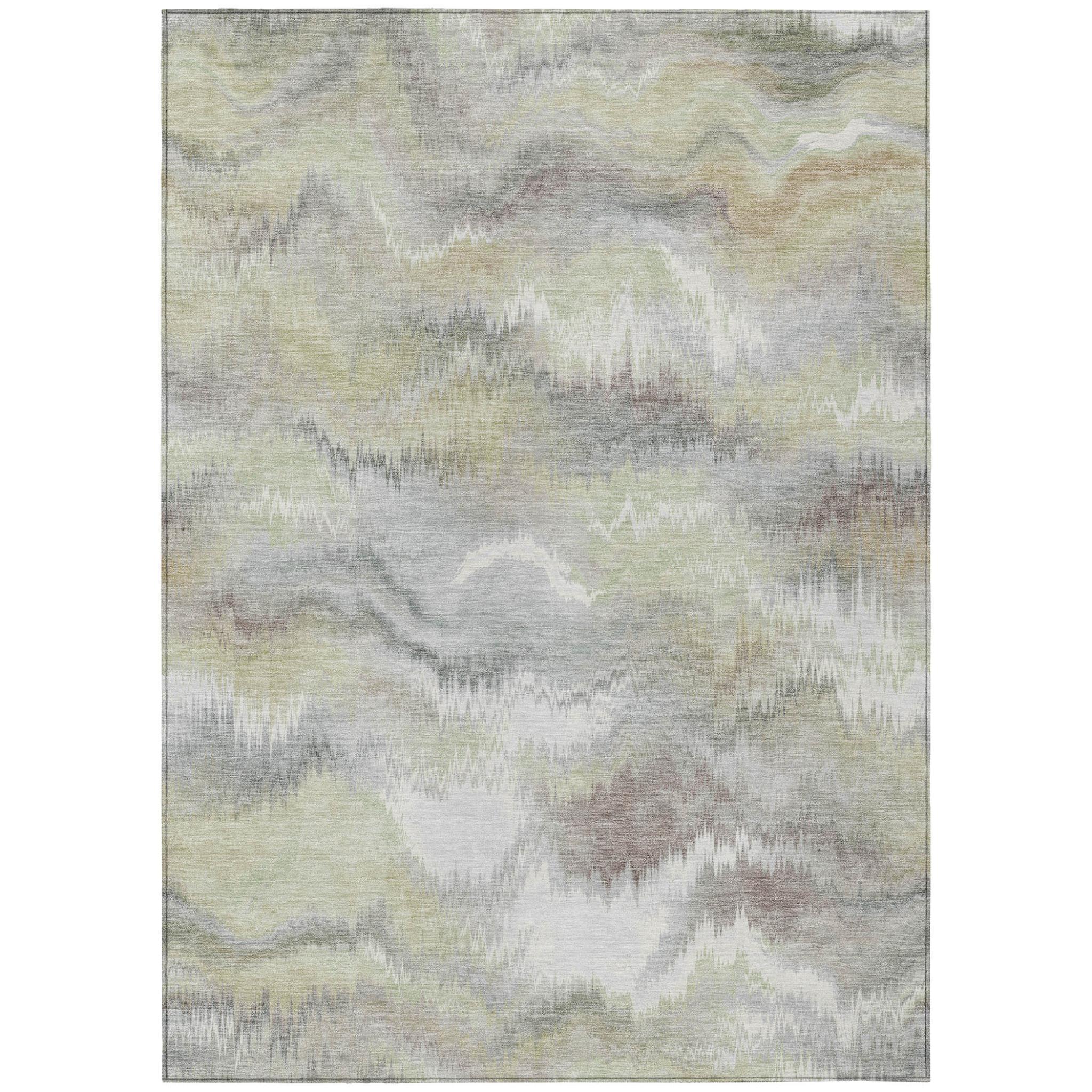 Rectangular abstract area rug with watercolor pattern in ivory, green, and gray tones, border