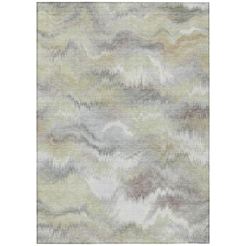 Rectangular abstract area rug with watercolor pattern in ivory, green, and gray tones, border