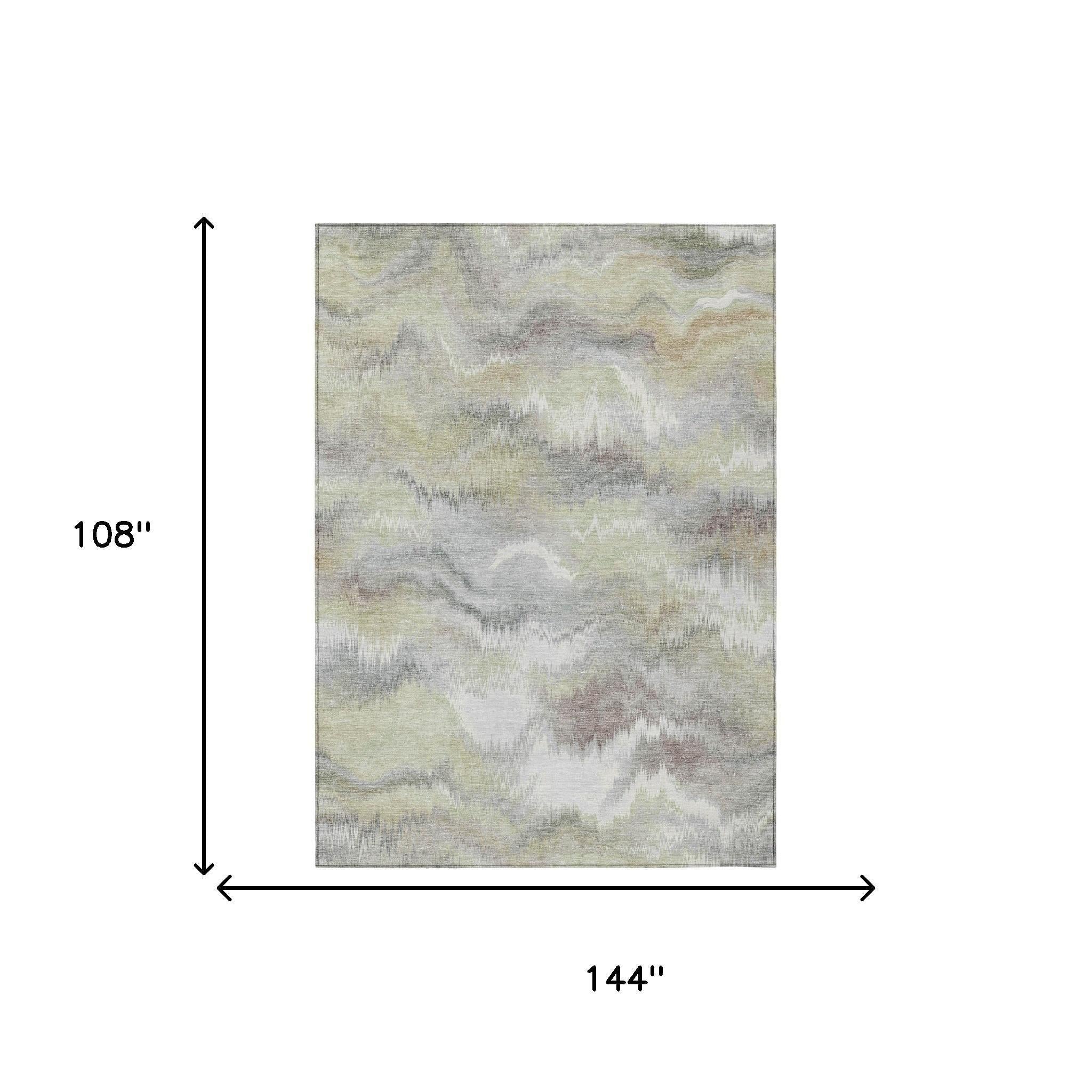 Abstract area rug, 108 in x 144 in, washed green and ivory design with border
