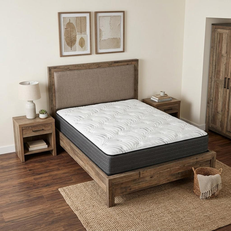 Queen hybrid mattress on wooden bed frame, white quilted top and black base