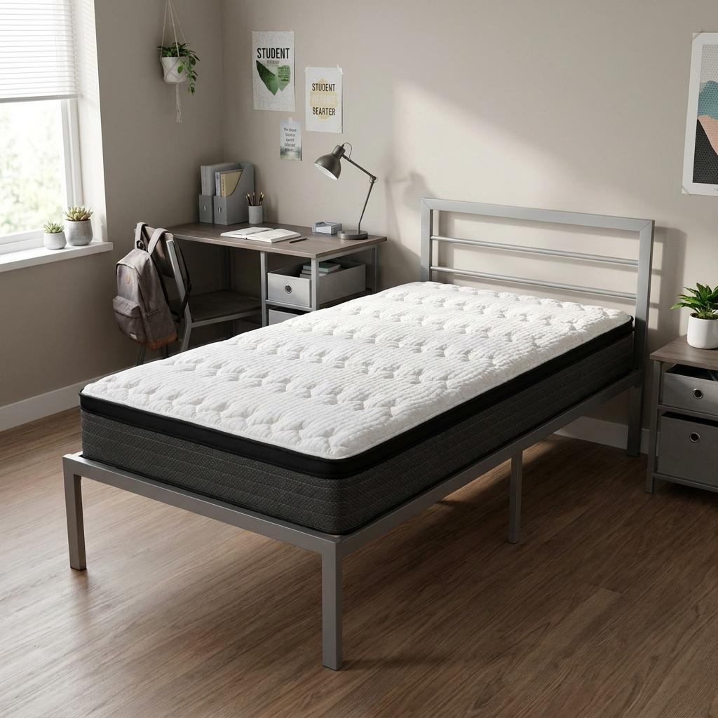 White quilted mattress with grey fabric base on a modern metal bed frame in a stylish, minimalistic bedroom.