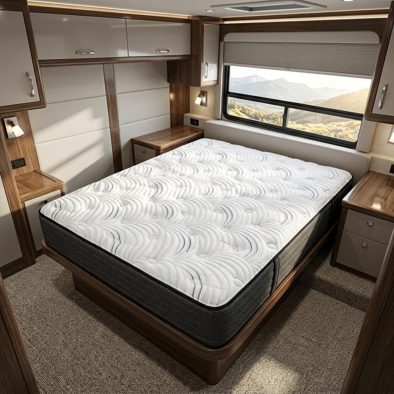 Hybrid mattress on wooden bed frame, white quilted top with dark charcoal sides