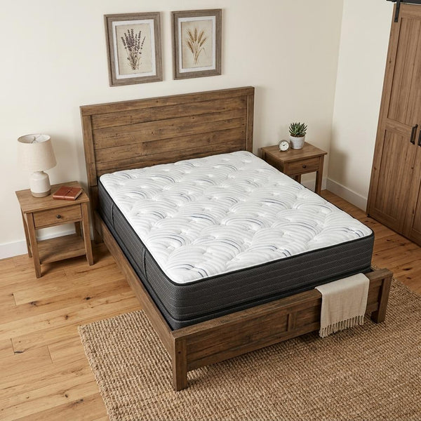 11 in hybrid mattress with white quilted top and dark charcoal edge sides