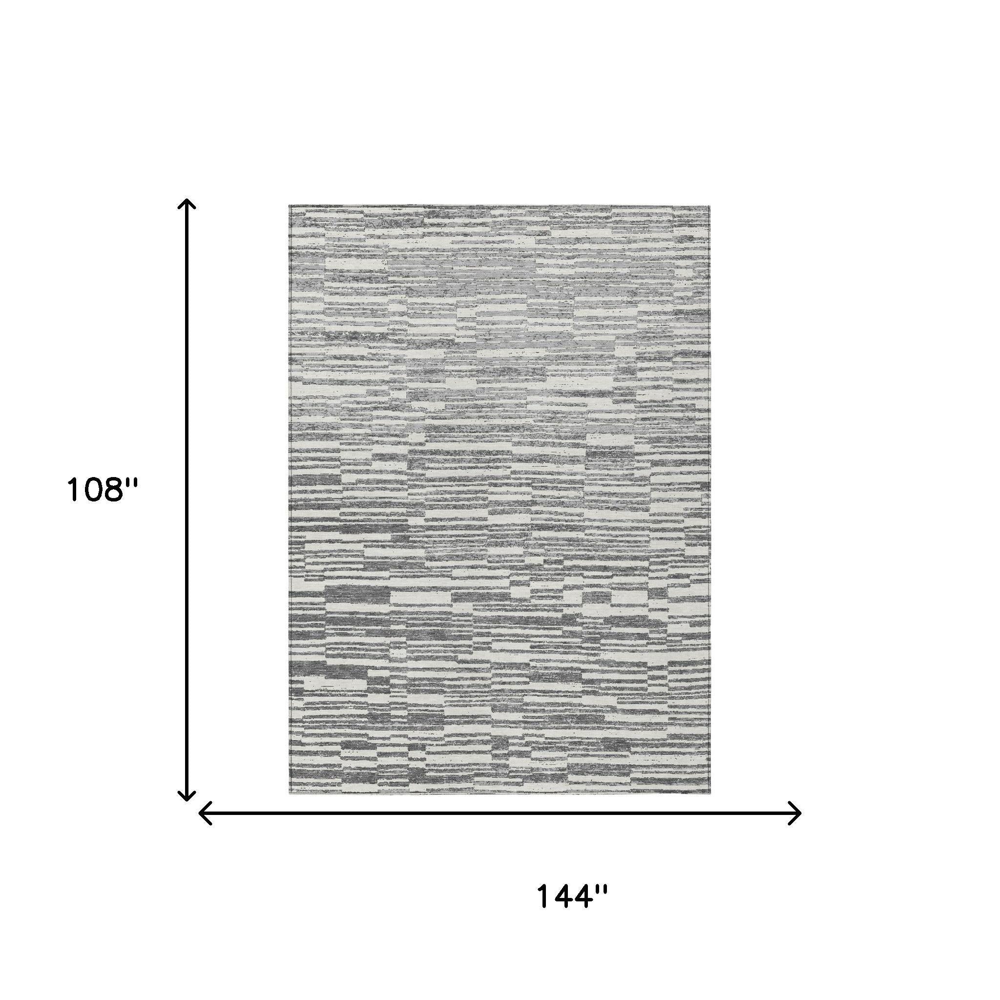 Rectangular striped area rug, 108 x 144 in diagram, graphite and gray