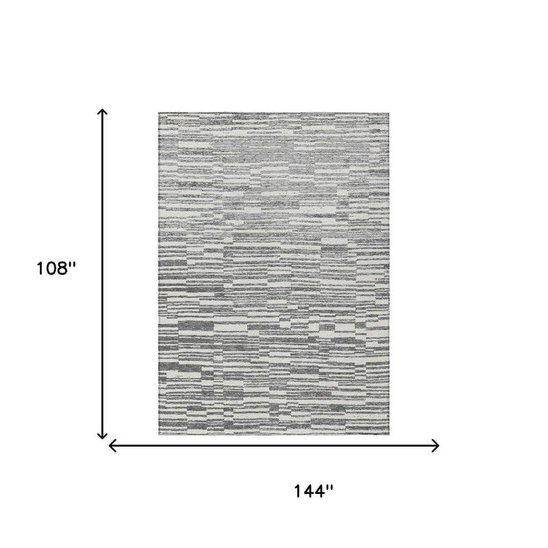 Rectangular striped area rug, 108 x 144 in diagram, graphite and gray